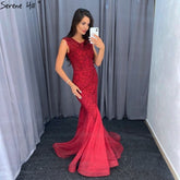 Wine Red Dubai Crystal O-Neck Evening Dresses Mermaid Sleeveless Luxury Formal Dress Real Photo LA60980