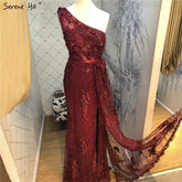 Wine Red Handmade Flowers Pearls Evening Dresses One-Shoulder Sexy Luxury Evening Gowns 2025 LA60901