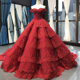 Wine Red Luxury Lace Tiered Sexy Wedding Dress Sleeveless Beading Bridal Gowns 2025 Real Picture HM66786 Custom Made