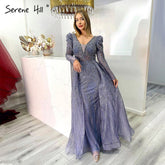 Wine Red Mermaid V-Neck Dubai Evening Dresses 2025 Luxury Long Sleeves Beading Crystal Formal Dress LA70537