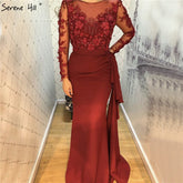 Wine Red O-Neck Satin Mermaid Prom Dresses 2025 Beading Handmade Flowers Long Sleeves Prom Gowns LA70244