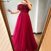 Wine Red Short Sleeves Sexy Evening Dresses 2025 Dubai Diamond Sequins O-Neck A-Line Formal Dress LA70352