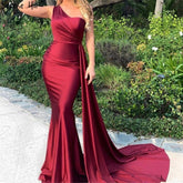 Wine Red Sleeveless Sexy Satin Evening Dresses 2025 One Shoulder Simple Mermaid Formal Dress LA70368