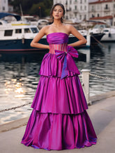 Bow Front Sheer Bodice Crystal Strapless Ruffle Tiered Prom Dress