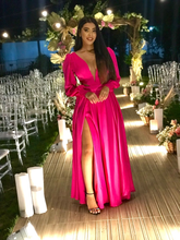 Vestido de noche de satén modesto, corte en A, escote en V, vestido de gala Y5191