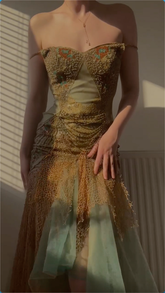 Robe de bal longue sirène unique en mousseline et tulle à épaules dénudées Y8301