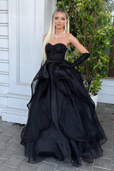 A Line Sweetheart Black Long Prom Dress with Beading