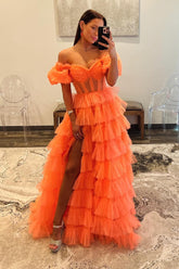 Off the Shoulder A-Line Tulle Tiered Long Corset Prom Dress with Slit
