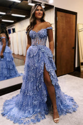 A-Line Off the Shoulder Tulle Tiered Long Corset Prom Dress with Slit