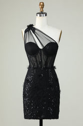 Robe de bal courte noire moulante à une épaule avec corset et appliques