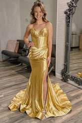 Golden Sweetheart Metallic Mermaid Long Corset Prom Dress with Split Front