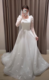 Vestido de novia blanco modesto de corte A y manga larga, vestido de novia blanco Y6729