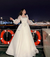 Robe de mariée bohème en organza avec nœud, manches longues, col carré, coupe trapèze, élégante Y4450