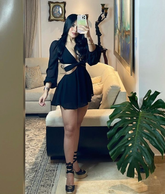 Robe de soirée noire trapèze à découpe à la taille, robe cocktail noire Y4302