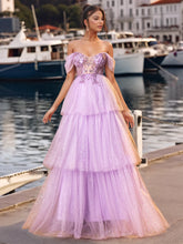 Off Shoulder Sparkly Lace Embroidery Layered Ball Gown Prom Dress