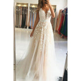 A-line Attractive V-neck Tulle Appliques Long Formal Evening Dress