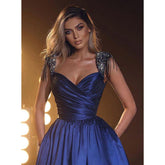 A Line Beads Straples Long Prom Party Dress with Pockets