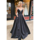 A-line Black Satin V-neck Beaded Long Prom Dress with Pockets Pageant Dress