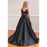 A-line Black Satin V-neck Long Simple Prom Dress with Pockets Formal Evening Gowns