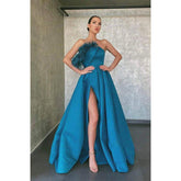 A-line Blue Satin Strapless Chic Feather Long Prom Dress with Slit Evening Gowns