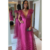 A-line Chic Cap Sleeves V-neck Fuchsia Long Formal Evening Dress