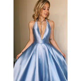 A-line Chic Halter Blue Satin Long Simple Prom Dress Backless