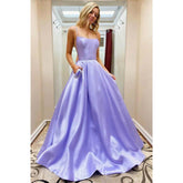 A-line Chic Scoop Spaghetti Straps Lavender Satin Long Prom Dress with Pockets