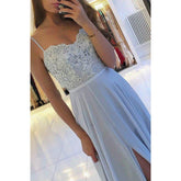 A-line Chiffon Appliques Spaghetti Straps High Split Long Formal Evening Dress