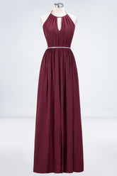 A-line Chiffon Halter Sleeveless Floor-Length Bridesmaid Dress with Beading Sash
