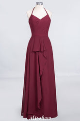 A-Line Chiffon Halter V-Neck Sleeveless Floor-Length Bridesmaid Dress with Ruffle