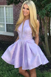 A-Line Crew Above-Knee Lilac Satin Homecoming Dress with Pockets PD271