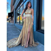 A-line Cross Straps Sweep Train Champagne Long Prom Dress Evening Gown