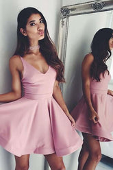 A-line Cute V Neck Short Pink Satin Homecoming Dress Formal Dress PD126