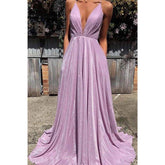 A-line Deep V Neck Lavender Sparkly Prom Dress with Pockets
