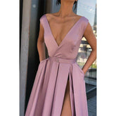 A-line Deep V-neck Red Satin High Split Long Prom Dress with Pockets