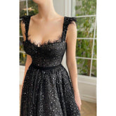 Robe de bal trapèze noire vintage à doubles bretelles et paillettes avec poches