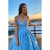 A-line Exquisite Lace V-neck Spaghetti Straps Long Prom Dress Lace-up