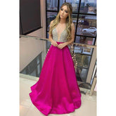 A-line Fuchsia Satin Beaded V-neck Long Prom Dress Formal Evening Gowns