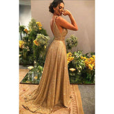 A-line Gold Sequins V-neck Sparkle Prom Dress Party Dress
