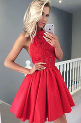 A-line Halter Sleeveless Short Red Satin Homecoming Dress with Lace PD050