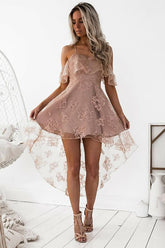 A-Line High Low Blush Sleeveless Lace Homecoming Dress