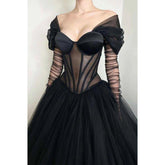 A Line Illusion Black Tulle Long Formal Evening Gowns
