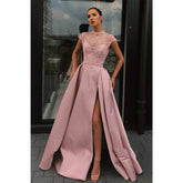 A-line Illusion Jewel Neckline High Split Long Prom Dress with Pockets