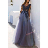 A-line Illusion Neckline Tulle Appliques Long Sleeves Prom Dress