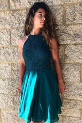A-Line Jewel Turquoise Chiffon Homecoming Dress with Lace Beading PD226
