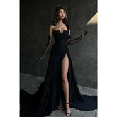 A Line Lace Appliques High Split Black Long Prom Formal Dress