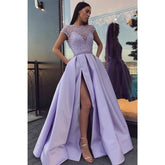 A-line Lilac Satin Illusion Lace Top with Beadings High Split Long Prom Dress with Pockets