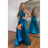A-line Navy Blue Satin Criss Cross Halter Long Prom Dress Evening Gowns