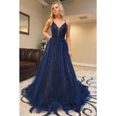 A-line Navy Blue Tulle Beaded Spaghetti Straps Long Prom Dress