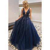 A-line Navy Tulle Appliques with Beadings Long Senior Prom Dress